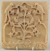 A FINE 18TH CENTURY MUGHAL INDIAN CARVED ALABASTER OR MARBLE TILE, depicting a flowering tree with