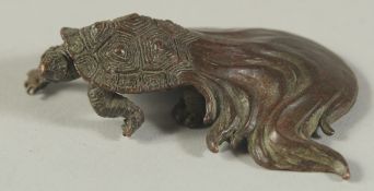 A BRONZE OKIMONO OF A MINOGAME TORTOISE, with articulated head, 6.5cm long.