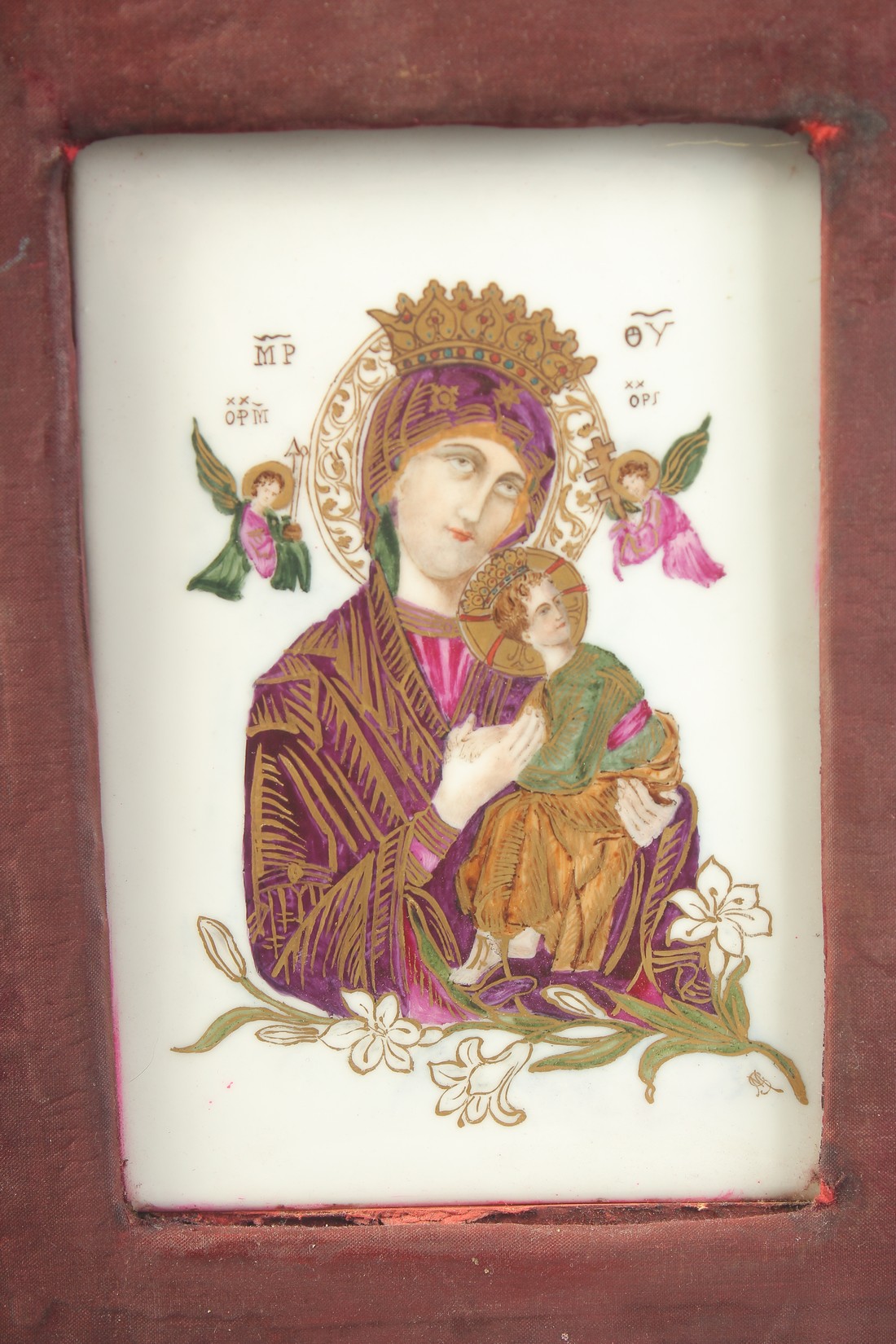 A PORCELAIN PANEL DEPICTING MADONNA AND CHILD, with gilded highlights, in fabric overlaid wooden - Image 2 of 3