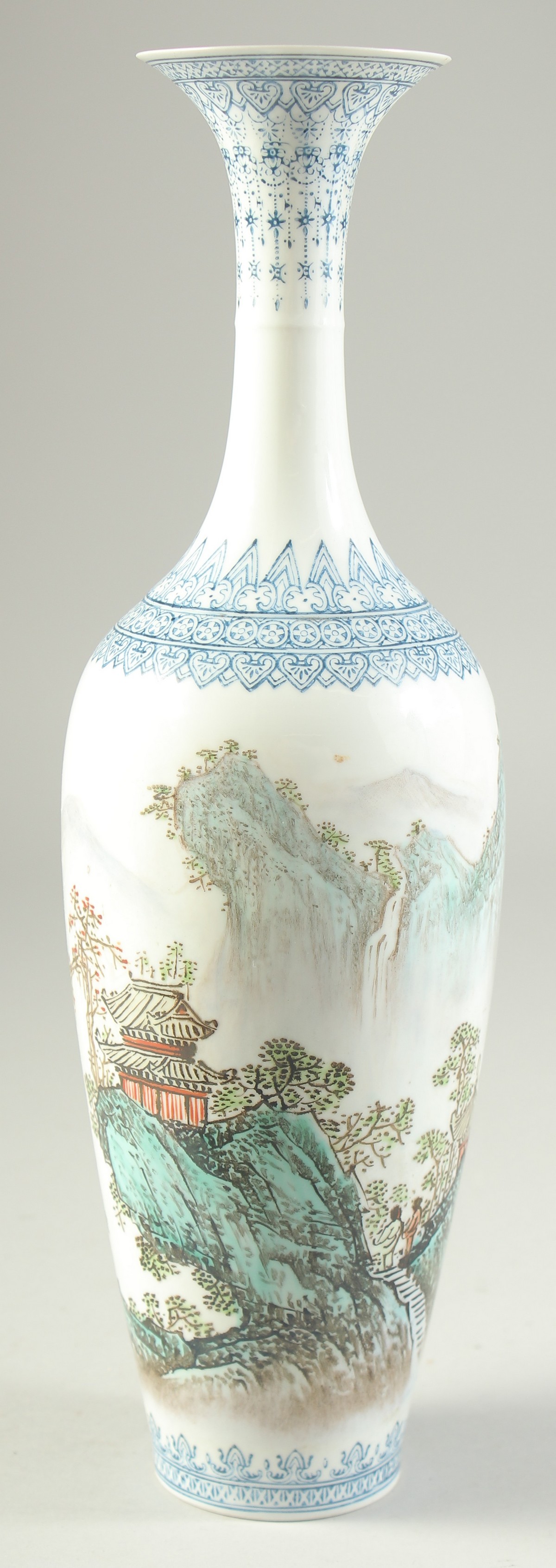 A CHINESE REPUBLIC EGGSHELL PORCELAIN VASE, and wooden stand, the vase painted with a mountainous - Image 4 of 9