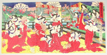 CHIKANOBU YOSHU (1838-1912): PERFORMANCE AT COURT; a late 19th century original Japanese woodblock