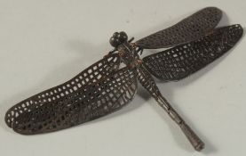 A BRONZE OKIMONO OF A DRAGONFLY, with articulated wings, wingspan 11.5cm.