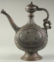 A FINE 19TH CENTURY SOUTH INDIAN TANJORE SILVER INLAID COPPER EWER, with two silver panels depicting