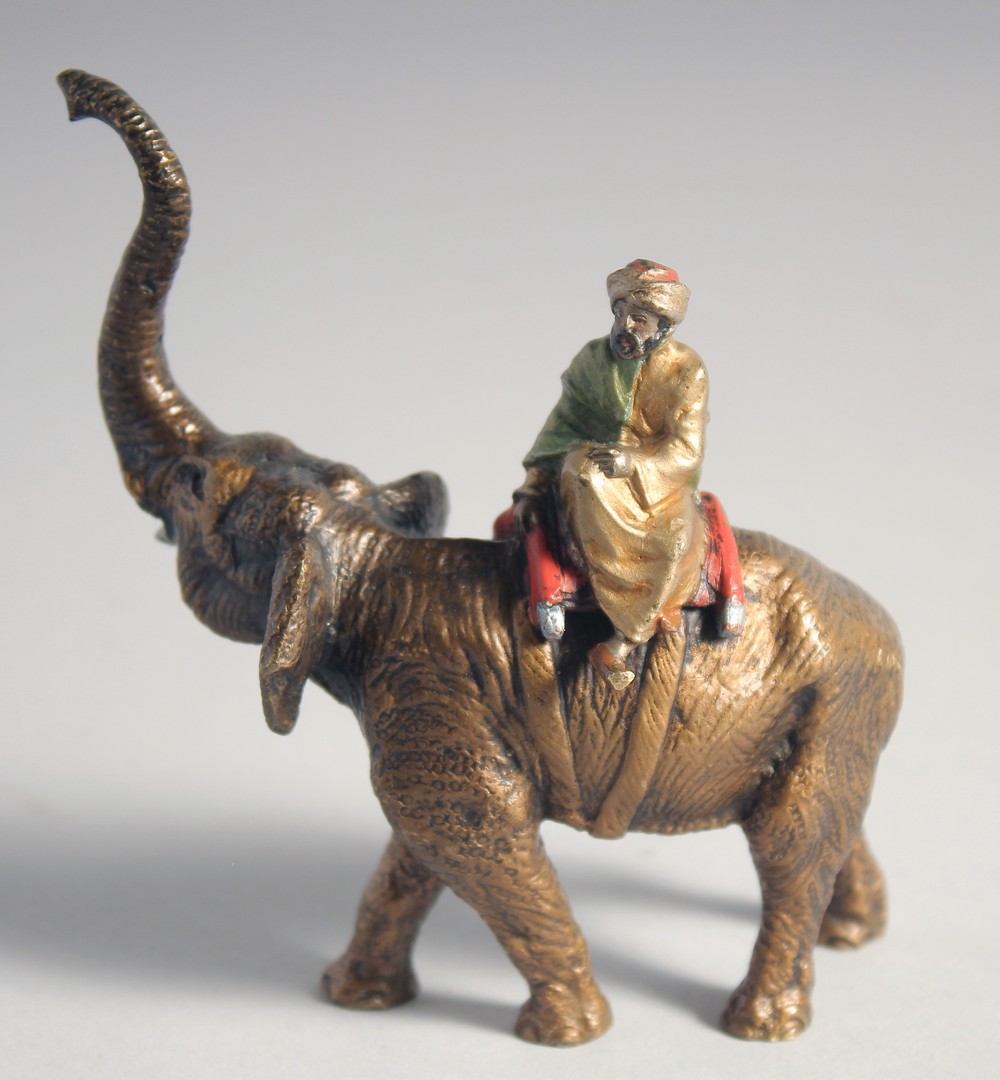 A FINE ORIENTALIST VIENNA BERGMAN STYLE COLD PAINTED BRONZE FIGURE OF AN ARAB ON AN ELEPHANT, 11cm - Image 5 of 5