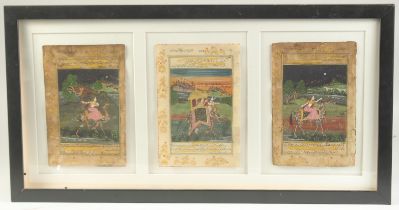 THREE 19TH CENTURY INDIAN MINIATURE PAINTINGS, heightened with gilt highlights, each with