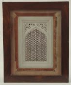 A VERY FINE 19TH CENTURY INDIAN CARVED MARBLE OR ALABASTER OPENWORKED ALHAMBRA WINDOW PANEL, with
