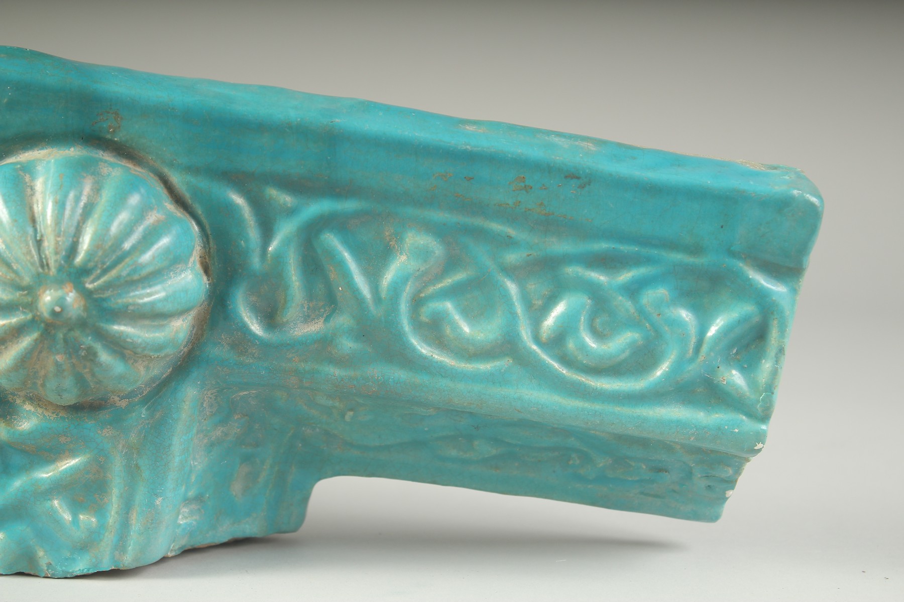 A FINE AND LARGE 12TH-13TH CENTURY PERSIAN KASHAN TURQUOISE GLAZED BORDER TILE, with animals and - Image 4 of 5