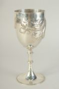 A CHINESE SILVER FOOTED GOBLET CUP WITH EMBOSSED DRAGON, hallmark to base, inscribed to the foot,
