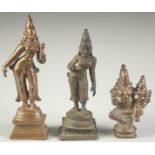 A COLLECTION THREE 17TH-18TH CENTURY SOUTH INDIAN BRONZE FIGURES OF DEITIES, tallest 10cm high, (