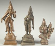 A COLLECTION THREE 17TH-18TH CENTURY SOUTH INDIAN BRONZE FIGURES OF DEITIES, tallest 10cm high, (