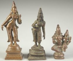 A COLLECTION THREE 17TH-18TH CENTURY SOUTH INDIAN BRONZE FIGURES OF DEITIES, tallest 10cm high, (