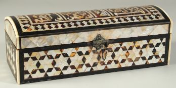 AN OTTOMAN TURKISH MOTHER OF PEARL, TORTOISESHELL, AND BONE INLAID WOODEN SCRIBES BOX, with hinged