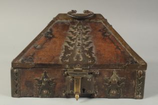 AN EARLY 19TH CENTURY INDIAN BRASS MOUNTED WOODEN BOX, 30.5cm x 23cm.