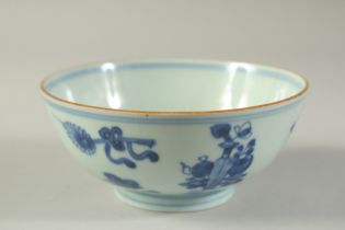 A CHINESE BLUE AND WHITE PORCELAIN BOWL, (af), 14.5cm diameter.