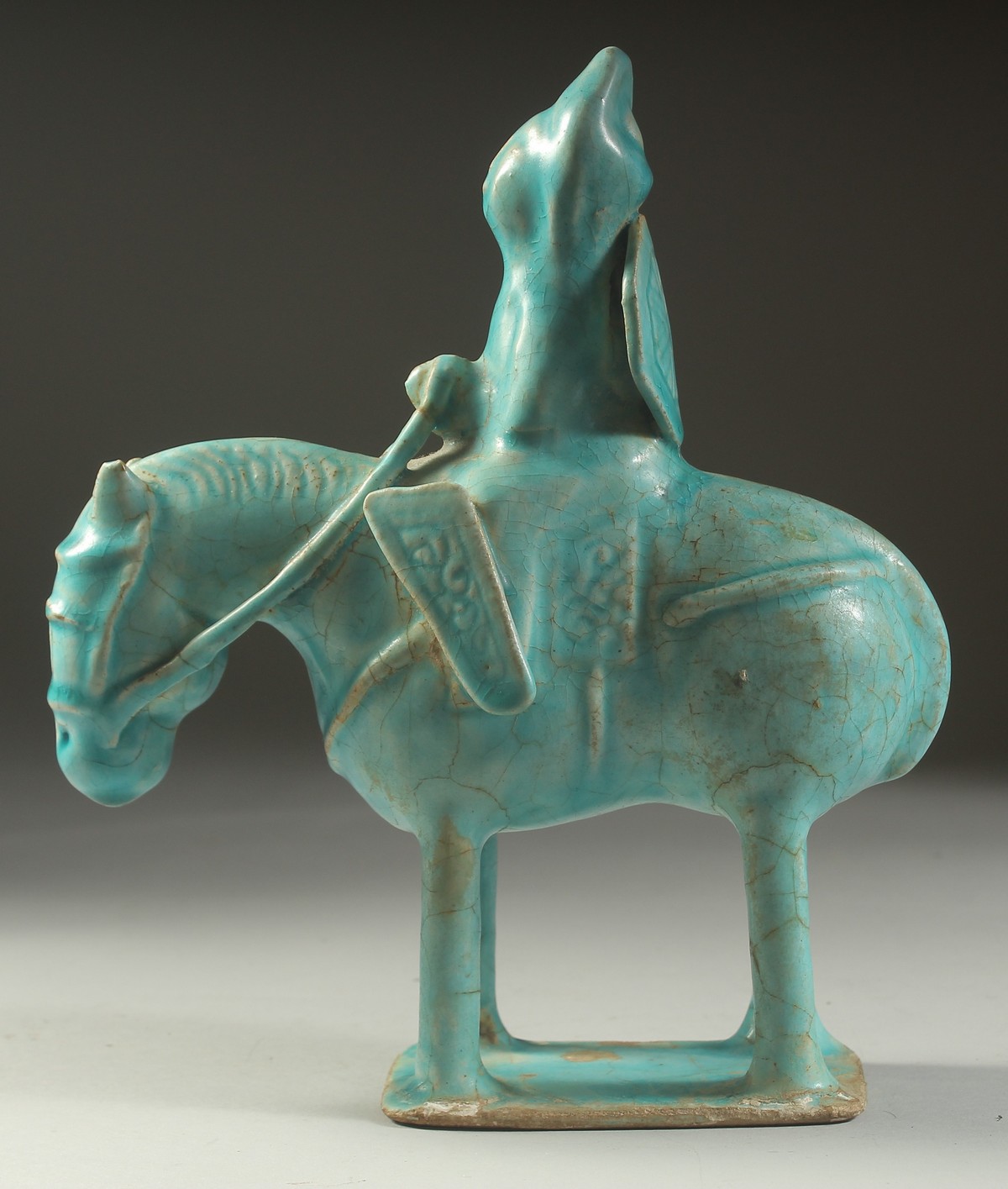 A VERY FINE AND RARE PERSIAN KASHAN TURQUOISE GLAZED POTTERY HORSE AND RIDER, 23.5cm high, 20cm - Image 6 of 8