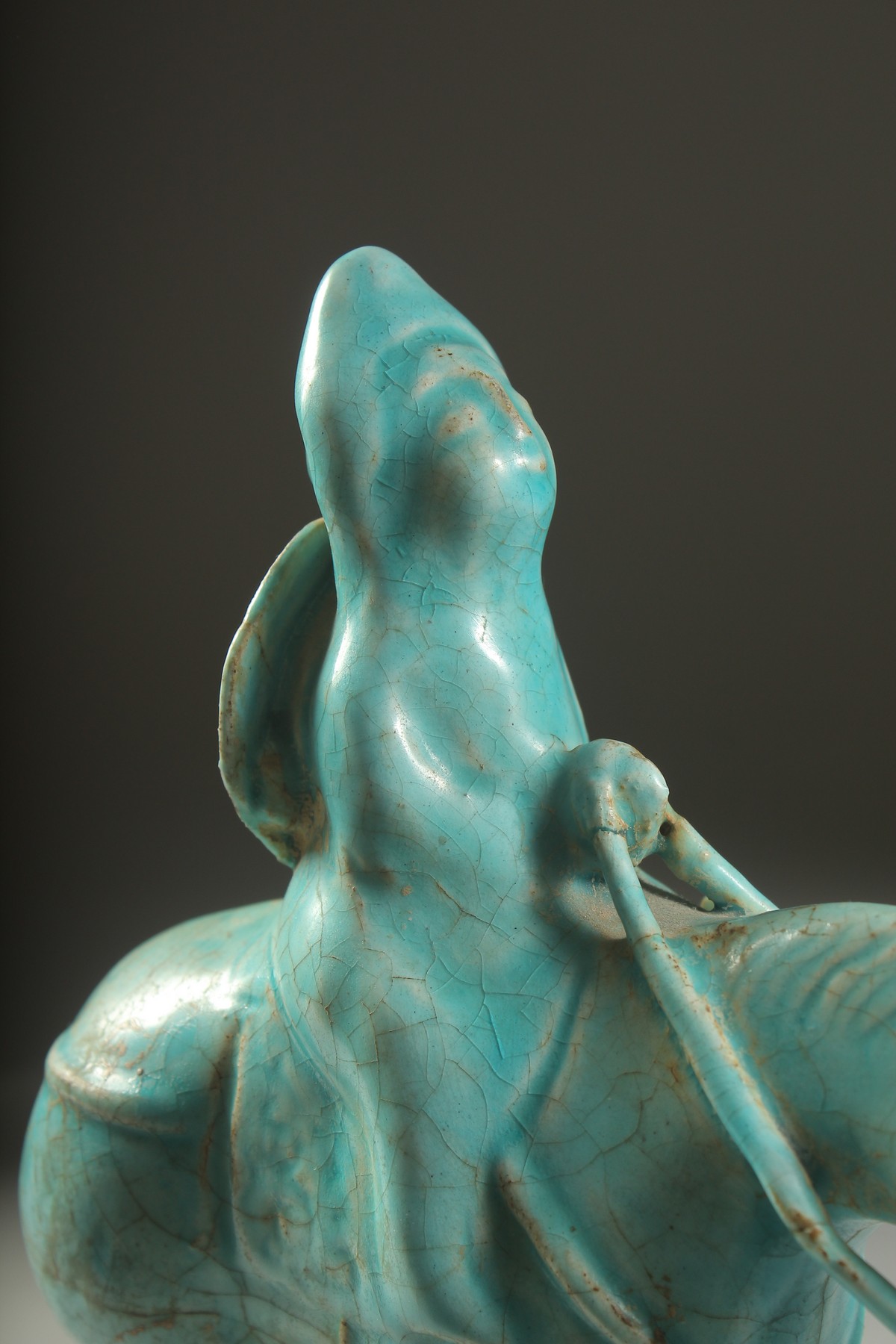A VERY FINE AND RARE PERSIAN KASHAN TURQUOISE GLAZED POTTERY HORSE AND RIDER, 23.5cm high, 20cm - Image 3 of 8