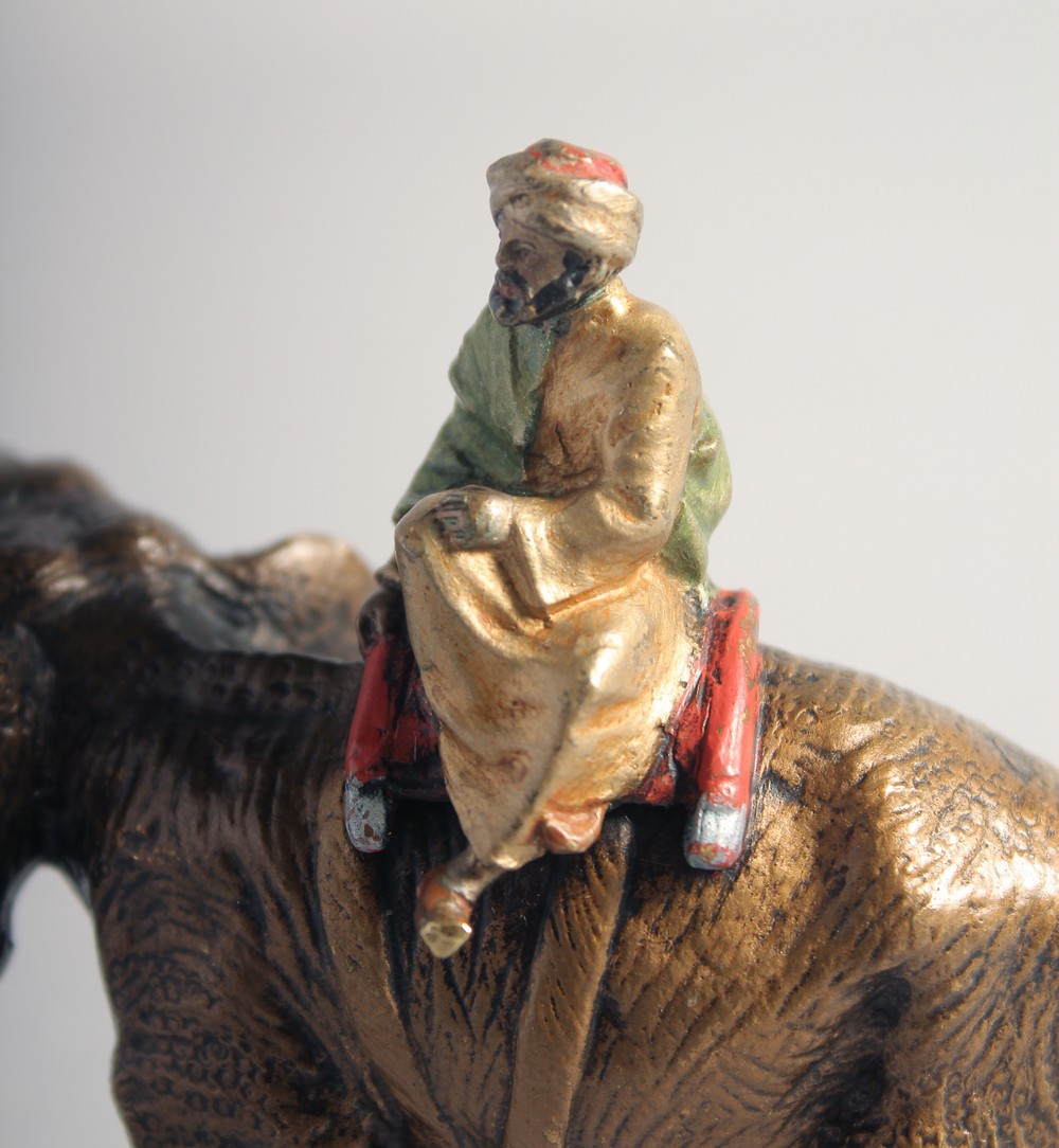 A FINE ORIENTALIST VIENNA BERGMAN STYLE COLD PAINTED BRONZE FIGURE OF AN ARAB ON AN ELEPHANT, 11cm - Image 2 of 5