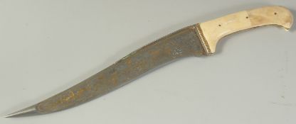A VERY AND LARGE INDIAN GOLD INLAID WATERED STEEL DAGGER, with bone handle, blade decorated with
