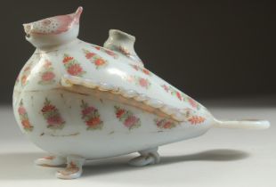 A RARE 19TH CENTURY OTTOMAN TURKISH BEYKOZ GLASS BIRD SHAPED PERFUME BOTTLE, 20cm long.