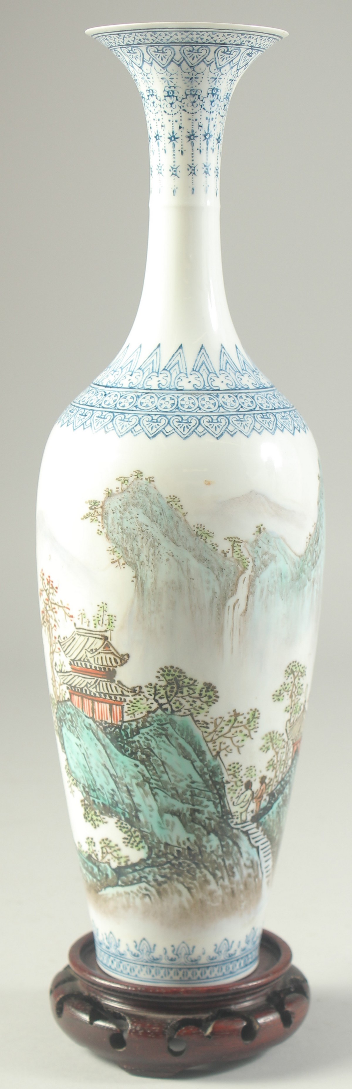 A CHINESE REPUBLIC EGGSHELL PORCELAIN VASE, and wooden stand, the vase painted with a mountainous - Image 7 of 9