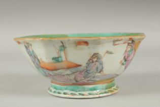 A 19TH CENTURY CHINESE FAMILLE ROSE PORCELAIN OCTAGONAL BOWL, painted with figures, the base with