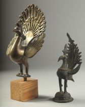 AN 18TH-19TH CENTURY SOUTH INDIAN BRONZE PEACOCK SHAPED INCENSE BURNER, with hinged head, together