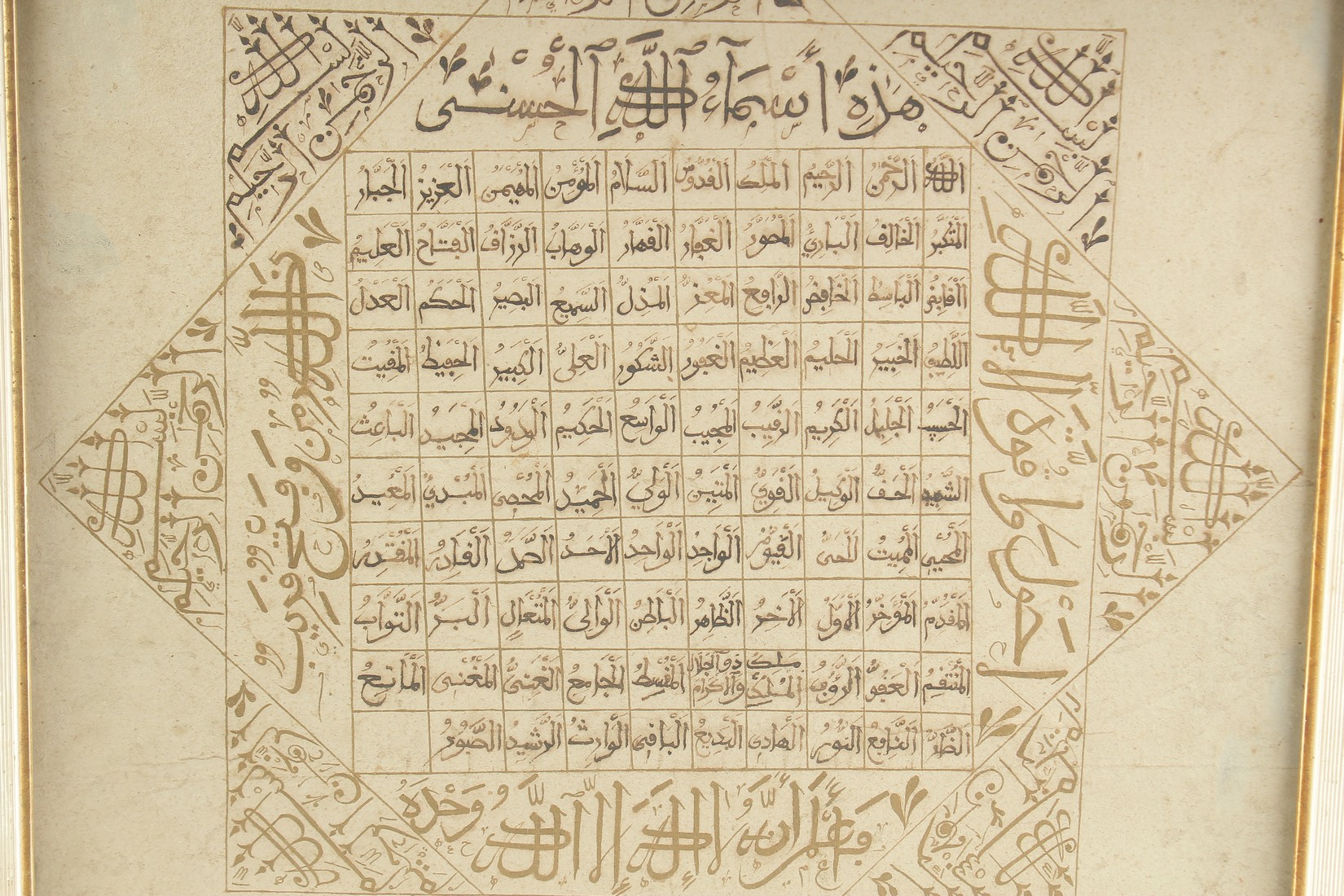 THE MANY NAMES OF ALLAH, calligraphy on parchment, framed and glazed, 50.5cm x 50.5cm. - Image 2 of 2