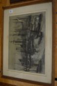 Carlos Grethe, a view of moored boats, charcoal and chalk.