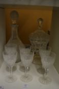 Cut glass decanter, drinking glasses etc.