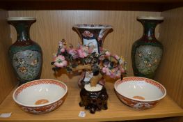 A pair of Chinese cloisonne style pottery vases, an Imari vase, pair of bowls and hard stone tree.