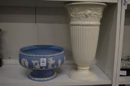 Wedgwood Jasperware blue and white pedestal bowl together with a Wedgwood white glazed tapering