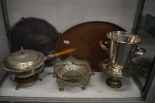 A large gallery tray, a large salver, a chafing dish and other items.