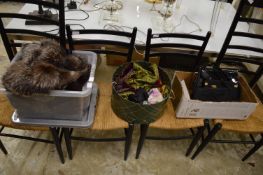 Various fur hats, stoles etc together with head scarfs, cravats and handbags.