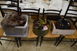 Various fur hats, stoles etc together with head scarfs, cravats and handbags.