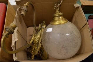 An etched glass globe shaped light fitting and a pair of ormolu wall lights.