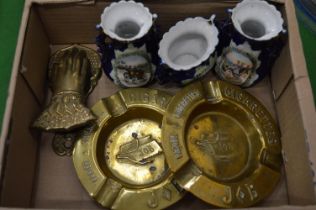 Brass ashtrays, letter clip and a miniature garniture of vases.