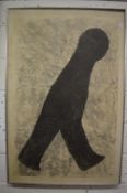 A large abstract painting of a person walking, watercolour on paper, laid onto woven board,