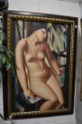 Manner of Tamara de Lempicka, a seated female nude with abstract background, oil on canvas, laid