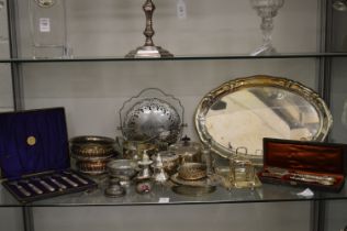 A cased set of six silver handled cake forks and various plated items etc.