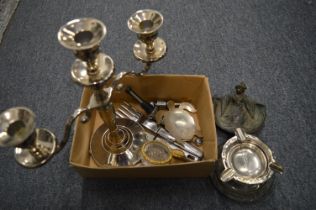 A cut glass and silver mounted ashtray, plated candelabra and other items.