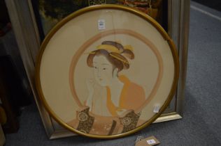 Circular picture depicting a Japanese woman together with a colour print.