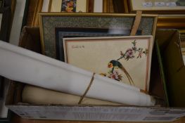 Chinese scroll paintings, a silk embroidery, framed and glazed etc.