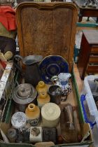 Miscellaneous items to include stoneware bottles, wooden tray, an early pull along toy etc.