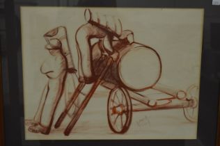 Hilda Jillard, Filling the Barrel, red chalk sketch of two workman and a barrel on a cart, signed