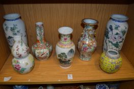 A Chinese famille rose baluster shaped vase, a Republican style vase and other Oriental vases.