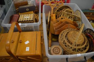 Wicker baskets, sewing box, miscellaneous collectables.