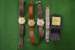 Gent's wristwatches by Benfre Majex Rotary together with a travelling clock.