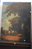 After W Shayer, figures with horses resting on a country track, oil on canvas, stretchered but