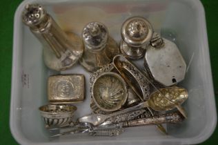 Silver cruets, thimble, wine labels, ashtrays, sugar tongs, mustard pots etc.