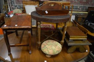 An embossed leather top circular coffee table and various other items to include a cutlery tray, bed